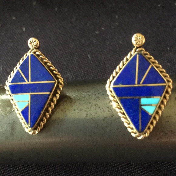 Vintage 14K Gold Lapis Turquoise Native American Earrings - Picture 15 of 16